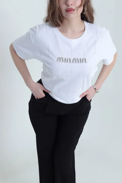 Beyaz Taşlı Süprem Kadın Tişört 438721