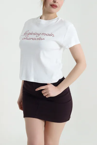 Beyaz Taşlı Tasarım Kadın Tişört 451042