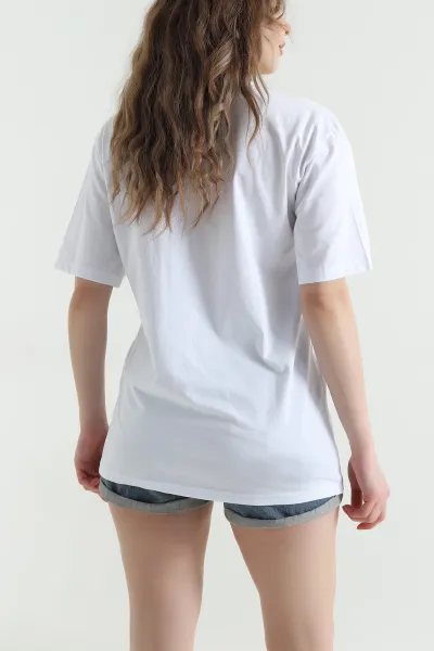Beyaz Taşlı Tasarım Oversize Süprem Kadın Tişört 451804