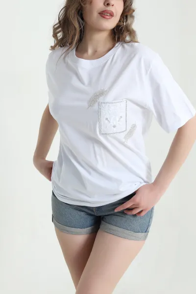 Beyaz Taşlı Tasarım Oversize Süprem Kadın Tişört 451804