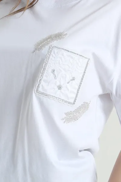 Beyaz Taşlı Tasarım Oversize Süprem Kadın Tişört 451804