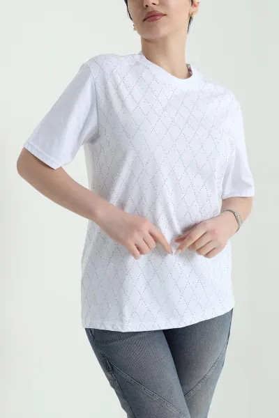 Beyaz Taşlı Tasarım Süprem Kadın Tişört 447642