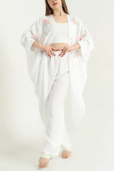 Beyaz Taşlı Truvakar Kol Kimono Pantolon Aerobin Bayan İkili Takım 337953