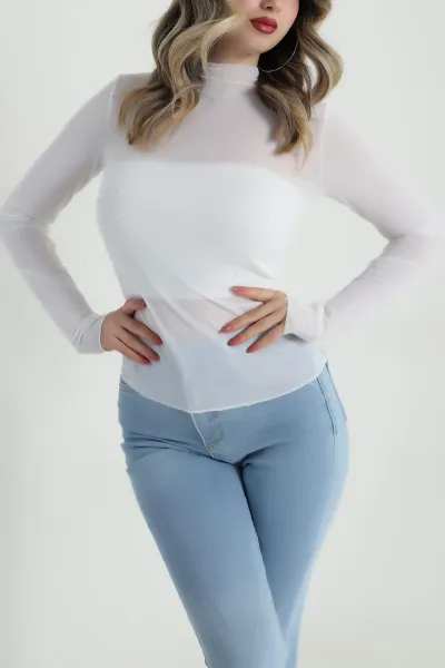 Beyaz Taşlı Tül Kadın Bluz 487176