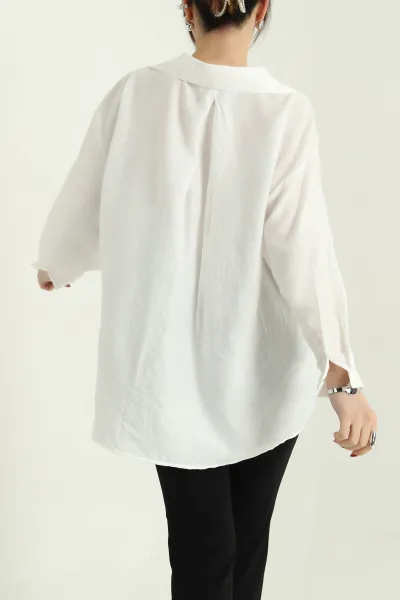 Beyaz Tek Cep Oversize Dokuma Bayan Gömlek 336960