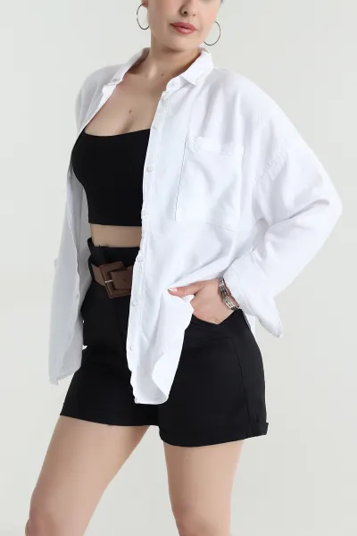 Beyaz Tek Cep Tasarım Oversize Kadın Gömlek 472971