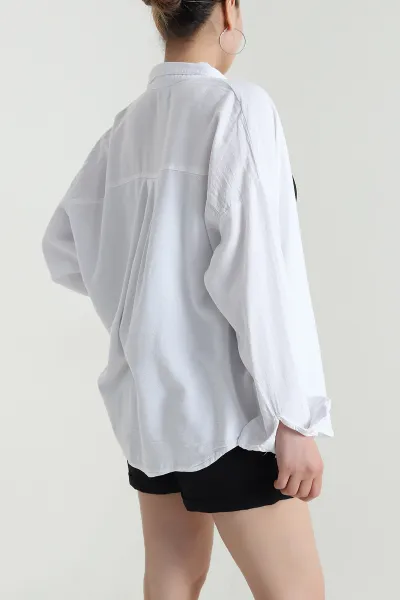 Beyaz Tek Cep Tasarım Oversize Kadın Gömlek 472971