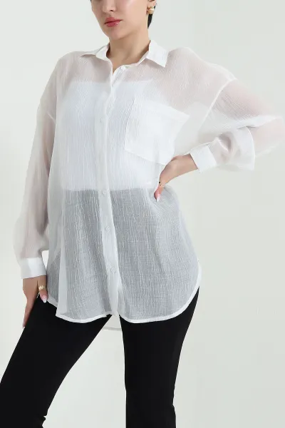 Beyaz Tek Cep Tencel Kadın Gömlek 456034