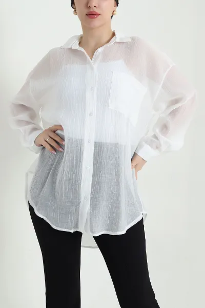 Beyaz Tek Cep Tencel Kadın Gömlek 456034
