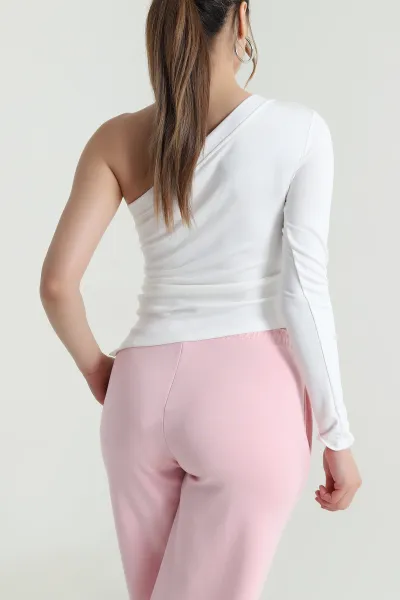 Beyaz Tek Kol Büzgülü Modal Kadın Bluz 483786