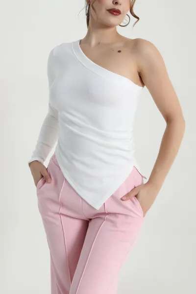 Beyaz Tek Kol Büzgülü Modal Kadın Bluz 483786