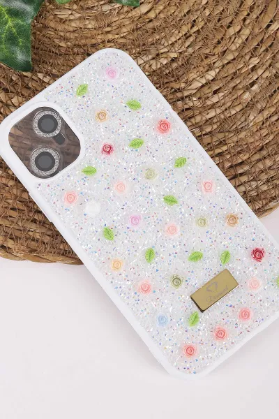 Beyaz TeknoCase İPhone 11 Uyumlu Rose Diamond Case Serisi Gül Desenli Lens Hediyeli Sert Silikon Telefon Kılıfı 450120