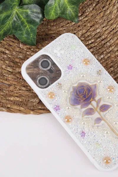Beyaz TeknoCase İPhone 12 Uyumlu Afra Diamond Case Serisi Lens Hediyeli Premium Sert Silikon Telefon Kılıfı 430502