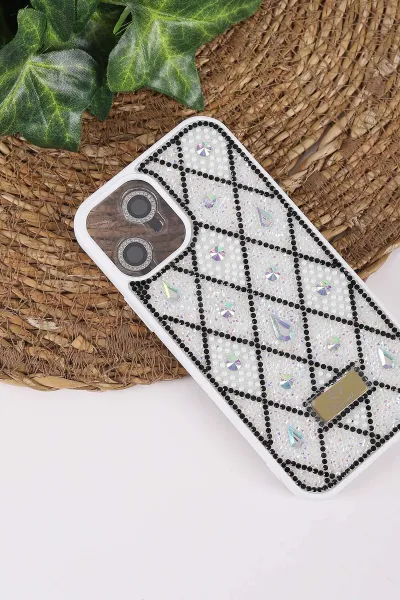 Beyaz TeknoCase İPhone 12 Uyumlu Dlr Diamond Case Serisi Lens Hediyeli Premium Sert Silikon Telefon Kılıfı 430345