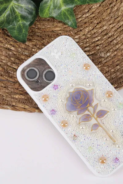Beyaz TeknoCase İPhone 13 Uyumlu Afra Diamond Case Serisi Lens Hediyeli Premium Sert Silikon Telefon Kılıfı 430507