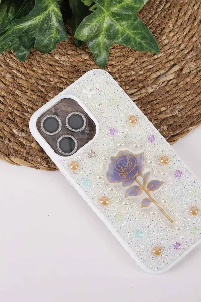 Beyaz TeknoCase İPhone 14 Pro Max Uyumlu Afra Diamond Case Serisi Lens Hediyeli Premium Sert Silikon Telefon Kılıfı 430522