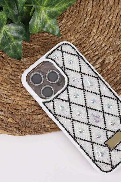 Beyaz TeknoCase İPhone 14 Pro Max Uyumlu Dlr Diamond Case Serisi Lens Hediyeli Premium Sert Silikon Telefon Kılıfı 430367
