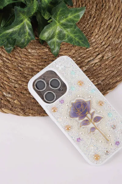 Beyaz TeknoCase İPhone 14 Pro Uyumlu Afra Diamond Case Serisi Lens Hediyeli Premium Sert Silikon Telefon Kılıfı 430517