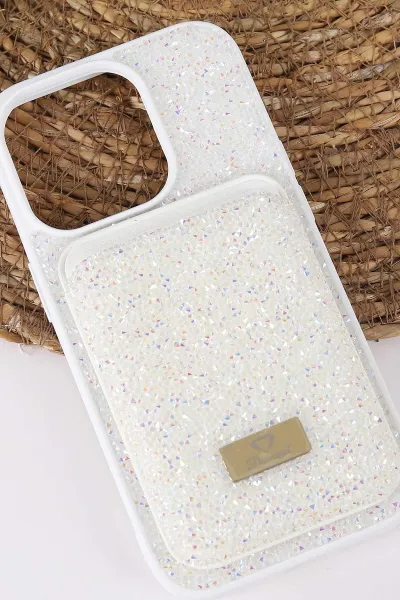 Beyaz TeknoCase İPhone 14 Pro Uyumlu Viola Diamond Case Serisi Kartlıklı Lens Hediyeli Sert Silikon Telefon Kılıfı 430804