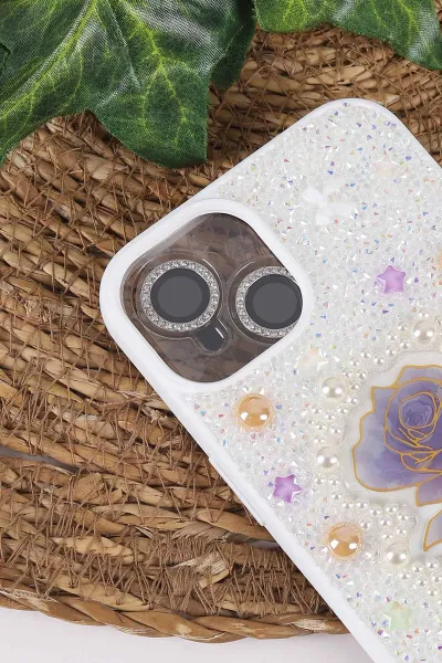 Beyaz TeknoCase İPhone 14 Uyumlu Afra Diamond Case Serisi Lens Hediyeli Premium Sert Silikon Telefon Kılıfı 430512