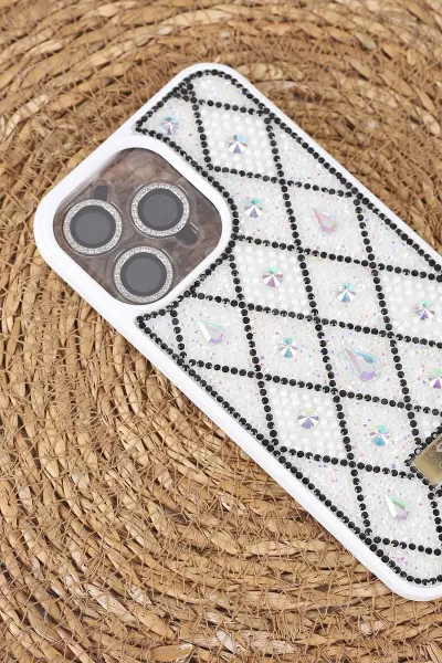 Beyaz TeknoCase İPhone 15 Pro Max Uyumlu Dlr Diamond Case Serisi Lens Hediyeli Premium Sert Silikon Telefon Kılıfı 430380