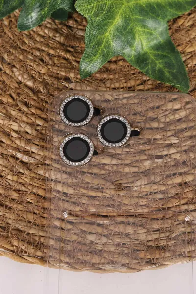Beyaz TeknoCase İPhone 15 Pro Max Uyumlu Nelly Diamond Serisi Taşlı Lens Hediyeli Sert Silikon Telefon Kılıfı 480945