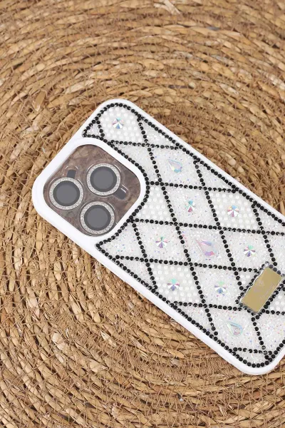 Beyaz TeknoCase İPhone 15 Pro Uyumlu Dlr Diamond Case Serisi Lens Hediyeli Premium Sert Silikon Telefon Kılıfı 430376