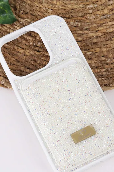 Beyaz TeknoCase İPhone 15 Pro Uyumlu Viola Diamond Case Serisi Kartlıklı Lens Hediyeli Sert Silikon Telefon Kılıfı 430825
