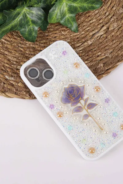Beyaz TeknoCase İPhone 15 Uyumlu Afra Diamond Case Serisi Lens Hediyeli Premium Sert Silikon Telefon Kılıfı 430528