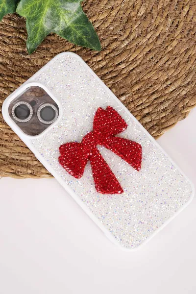Beyaz TeknoCase İPhone 15 Uyumlu Nelly Diamond Serisi Taşlı Lens Hediyeli Sert Silikon Telefon Kılıfı 480937