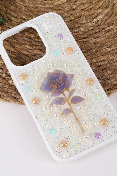 Beyaz TeknoCase İPhone 16 Pro Uyumlu Afra Diamond Case Serisi Lens Hediyeli Premium Sert Silikon Telefon Kılıfı 430549