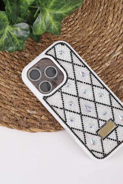 Beyaz TeknoCase İPhone 16 Pro Uyumlu Dlr Diamond Case Serisi Lens Hediyeli Premium Sert Silikon Telefon Kılıfı 430388