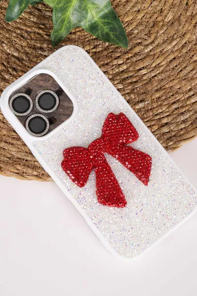 Beyaz TeknoCase İPhone 16 Pro Uyumlu Nelly Diamond Serisi Taşlı Lens Hediyeli Sert Silikon Telefon Kılıfı 480956