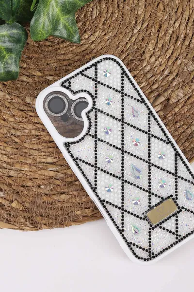 Beyaz TeknoCase İPhone 16 Uyumlu Dlr Diamond Case Serisi Lens Hediyeli Premium Sert Silikon Telefon Kılıfı 430384