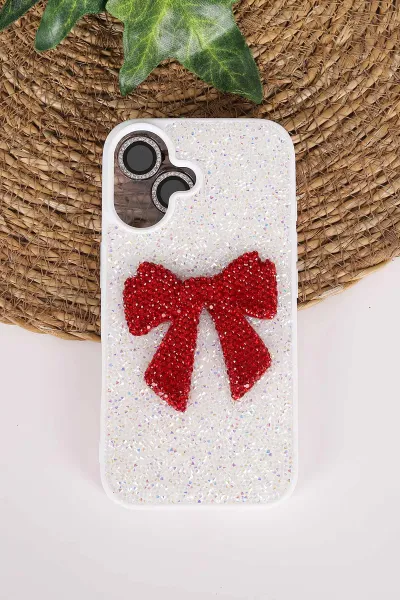 Beyaz TeknoCase İPhone 16 Uyumlu Nelly Diamond Serisi Taşlı Lens Hediyeli Sert Silikon Telefon Kılıfı 480949