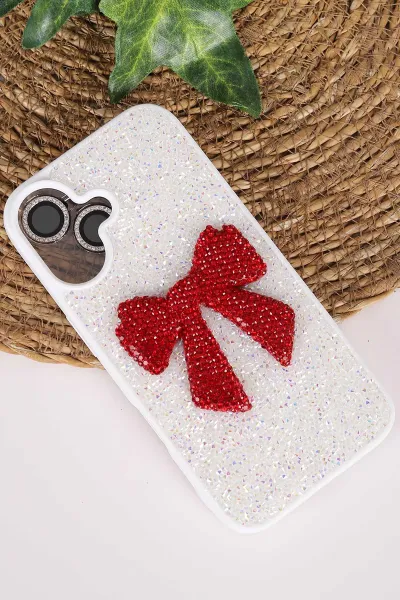 Beyaz TeknoCase İPhone 16 Uyumlu Nelly Diamond Serisi Taşlı Lens Hediyeli Sert Silikon Telefon Kılıfı 480949