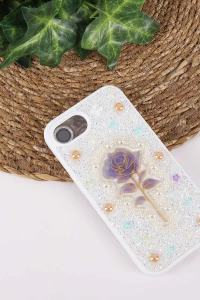 Beyaz TeknoCase İPhone 16E Uyumlu Afra Diamond Case Serisi Lens Hediyeli Premium Sert Silikon Telefon Kılıfı 430559