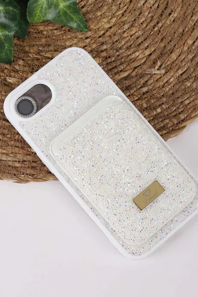 Beyaz TeknoCase İPhone 16E Uyumlu Viola Diamond Case Serisi Kartlıklı Lens Hediyeli Sert Silikon Telefon Kılıfı 430855