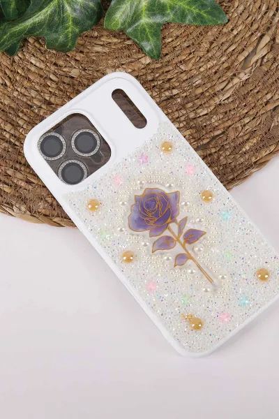 Beyaz TeknoCase İPhone 17 Pro Max Uyumlu Afra Diamond Case Serisi Lens Hediyeli Premium Sert Silikon Telefon Kılıfı 430578