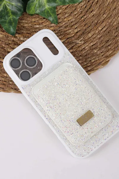 Beyaz TeknoCase İPhone 17 Pro Max Uyumlu Viola Diamond Case Serisi Kartlıklı Lens Hediyeli Sert Silikon Telefon Kılıfı 430872