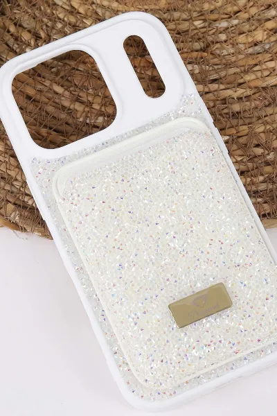 Beyaz TeknoCase İPhone 17 Pro Uyumlu Viola Diamond Case Serisi Kartlıklı Lens Hediyeli Sert Silikon Telefon Kılıfı 430867