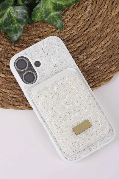 Beyaz TeknoCase İPhone 17 Uyumlu Viola Diamond Case Serisi Kartlıklı Lens Hediyeli Sert Silikon Telefon Kılıfı 430860