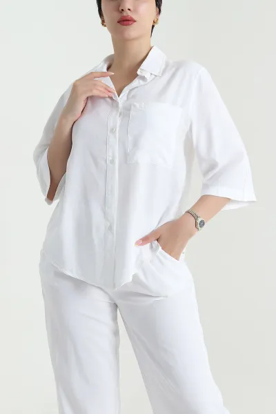 Beyaz Tencel Gömlek Pantolon Kadın İkili Takım 469728
