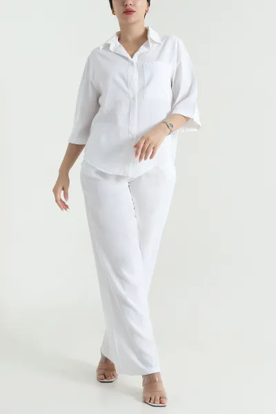 Beyaz Tencel Gömlek Pantolon Kadın İkili Takım 469728