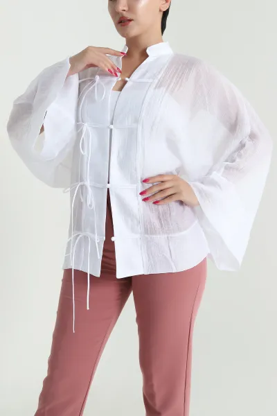 Beyaz Tencel İp Bağcıklı Kadın Gömlek 476097