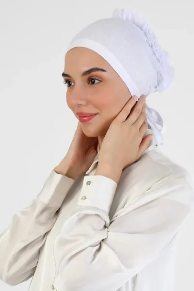 Beyaz Tesettür Dikişli Fırfırlı Bone 454231