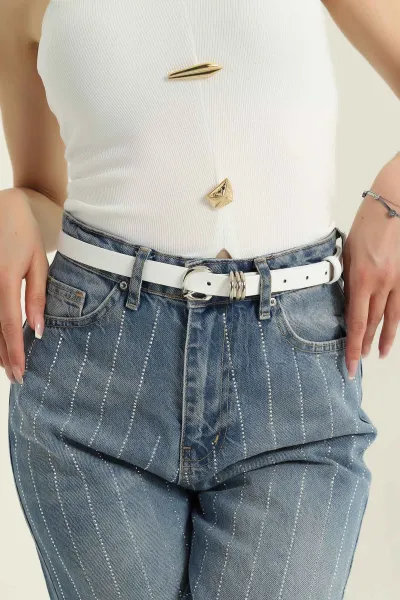 Beyaz Gümüş Toka Detaylı Kadın İnce Kemer 374312