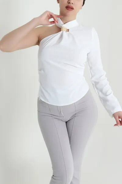 Beyaz Tokalı Tek Kol Likralı Linda Kadın Bluz 449538