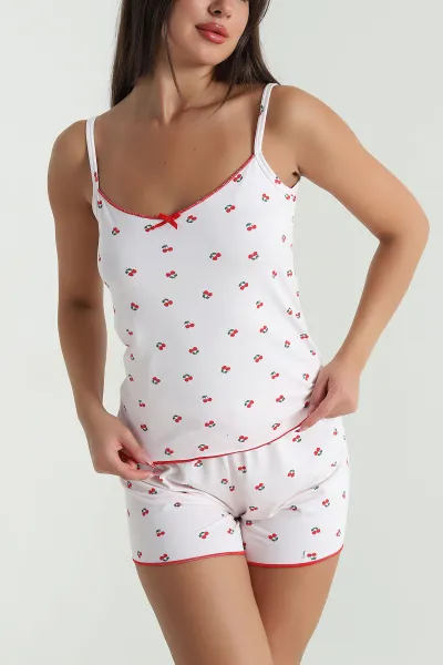 Beyaz Transferli Penye Şortlu Kadın Pijama Takımı 476875