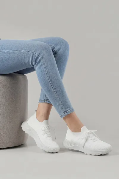 Beyaz Triko Bağcıklı Kadın Spor Ayakkabı 444816